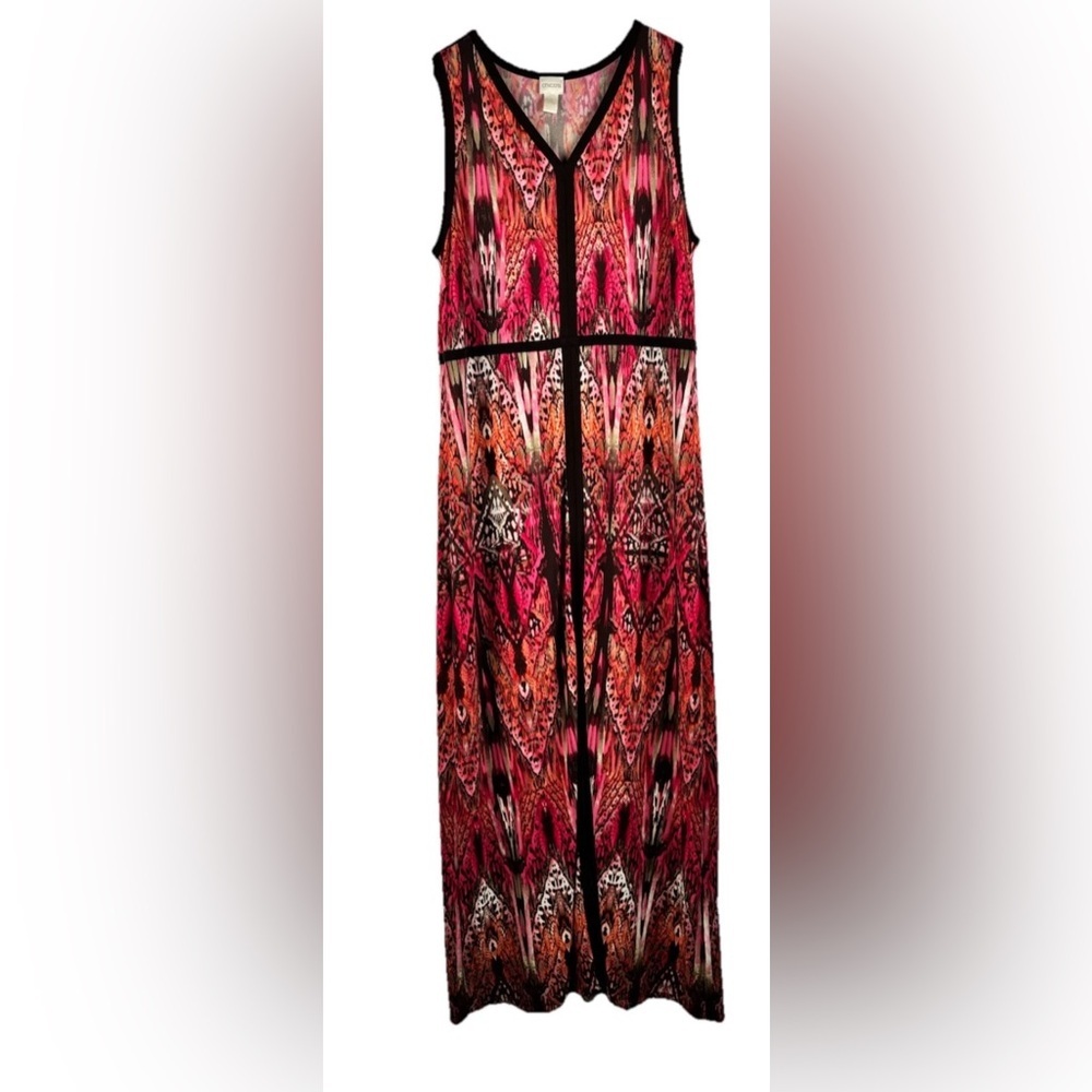 Chico's Women Maxi Dress Size 2 Pink Multicolor Knit V Neck Sleeveless